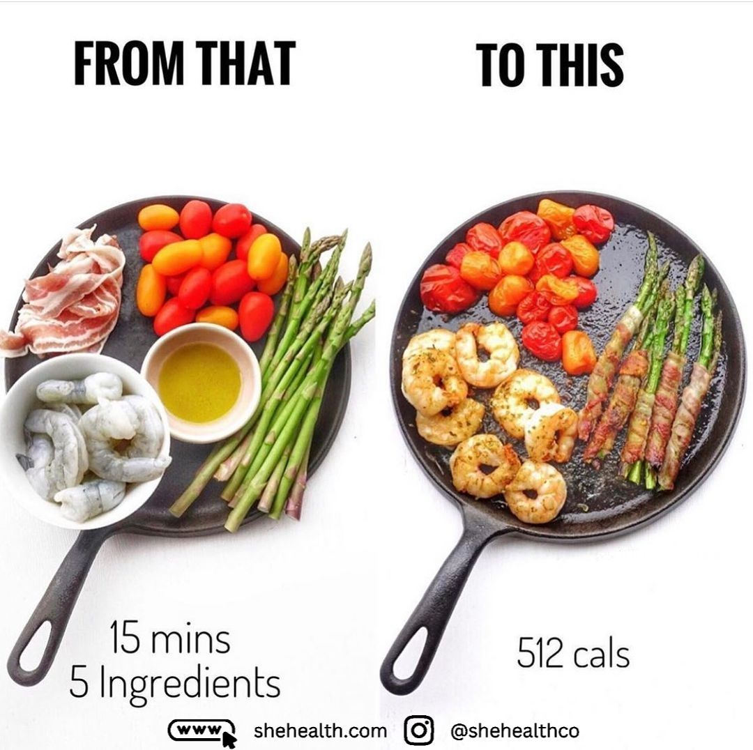 Quick and Easy: 15 Minutes of Healthy Food Prepping with 5 Ingredients - Shrimp, Oil, Bacon, Cherry Tomatoes, and Asparagus