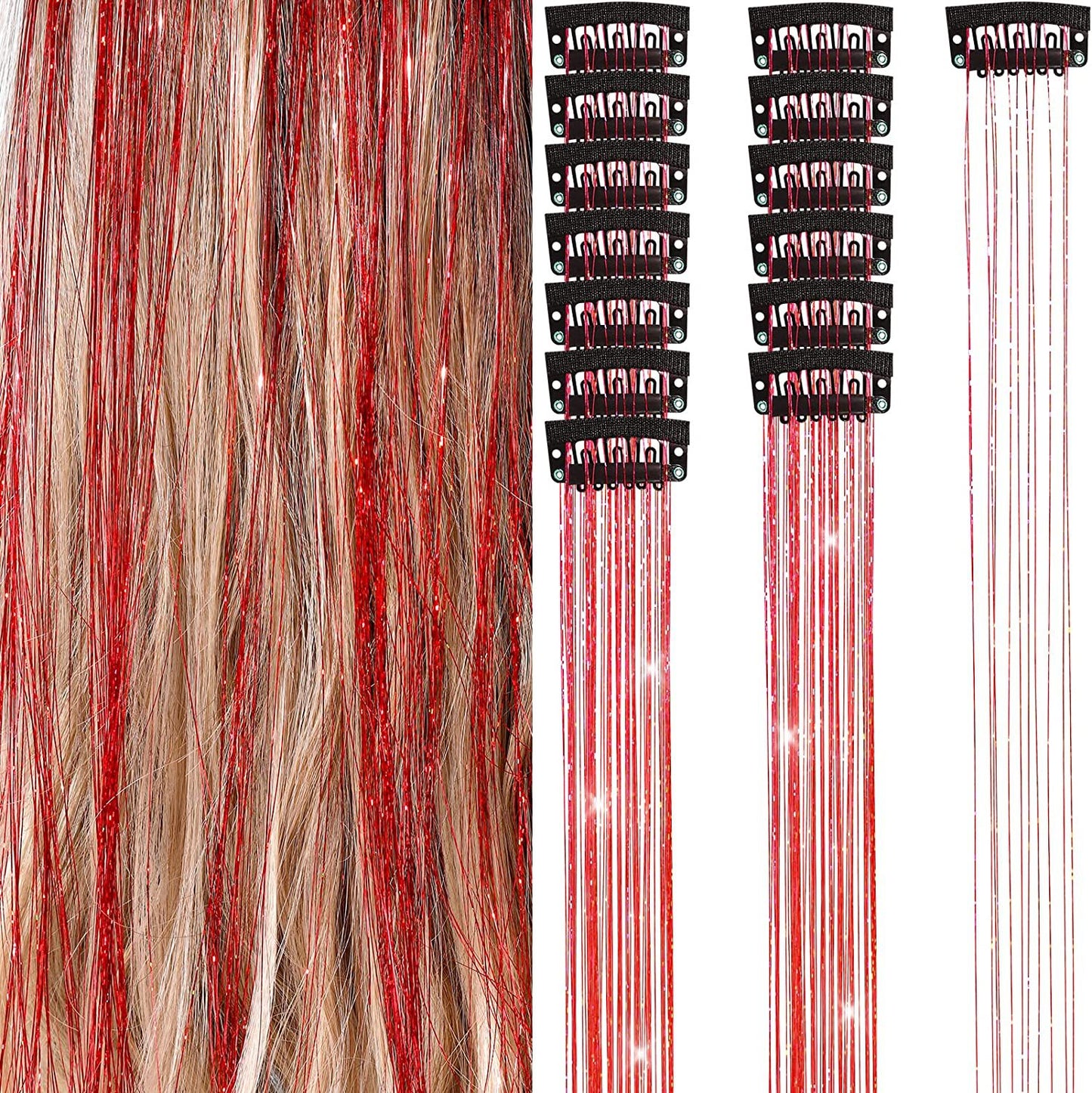 Hair Tinsel Clips - Add Instant Glitter to Your Hair - Red - Shehealth