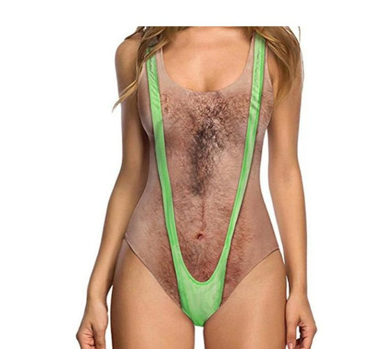 Funny Hairy Chest One-Piece Swimsuit Women Novelty