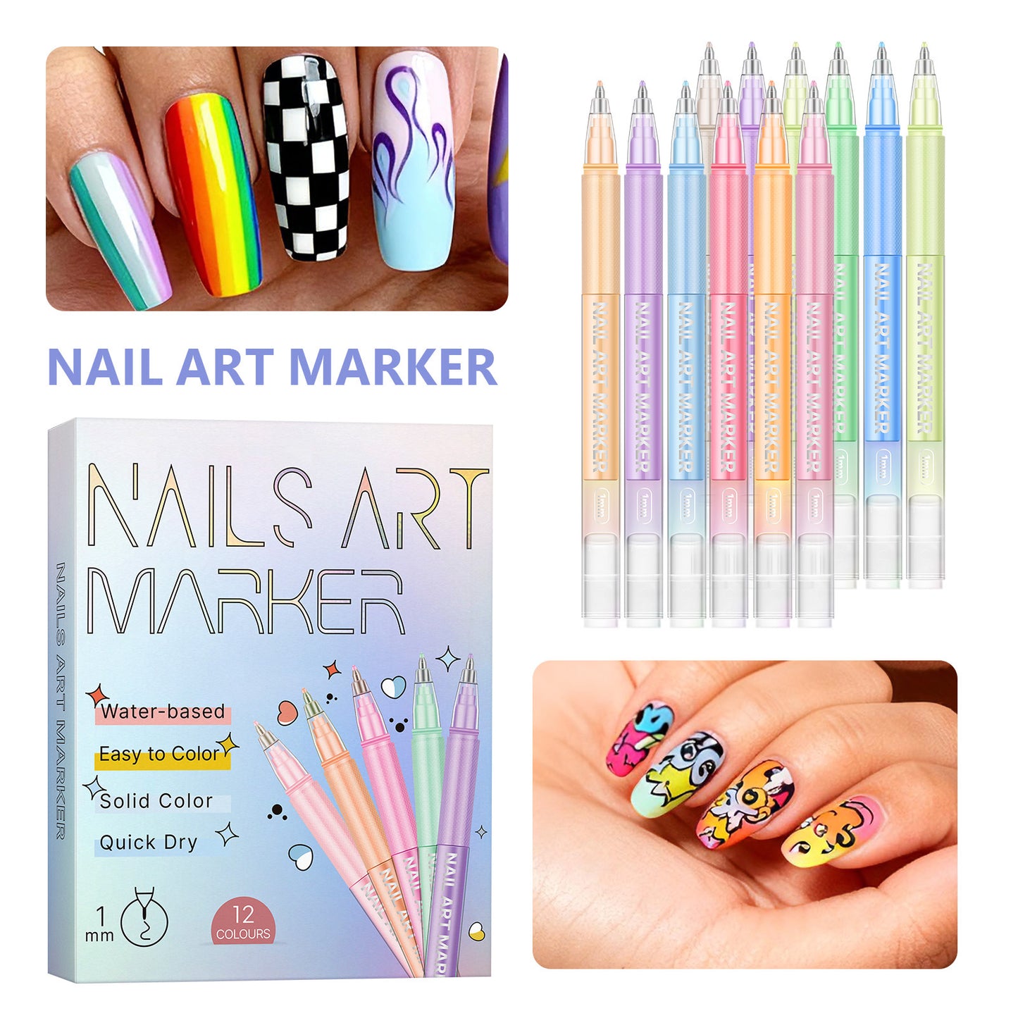 Nail Art Marker Pens 12 Colors Water-Based Quick Dry