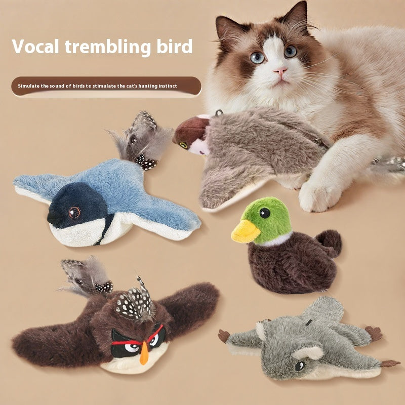 Cat playing with bird-shaped toys on a beige background