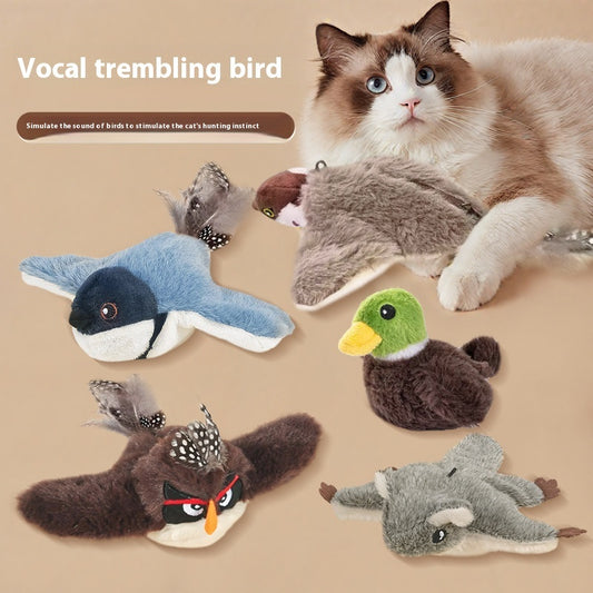 Cat playing with bird-shaped toys on a beige background