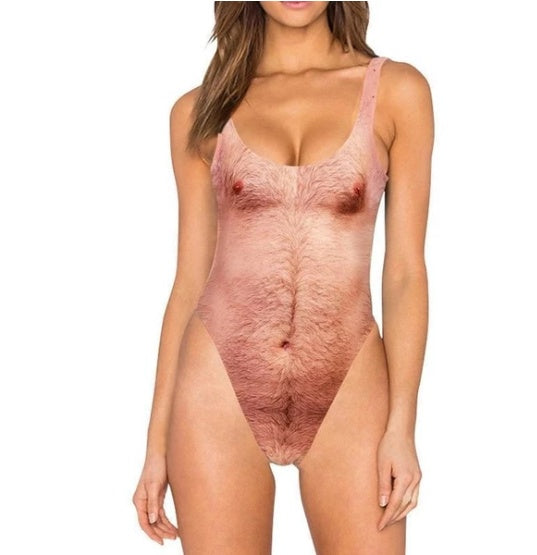 Funny Hairy Chest One-Piece Swimsuit Women Novelty