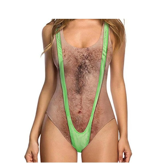 Funny Hairy Chest One-Piece Swimsuit Women Novelty