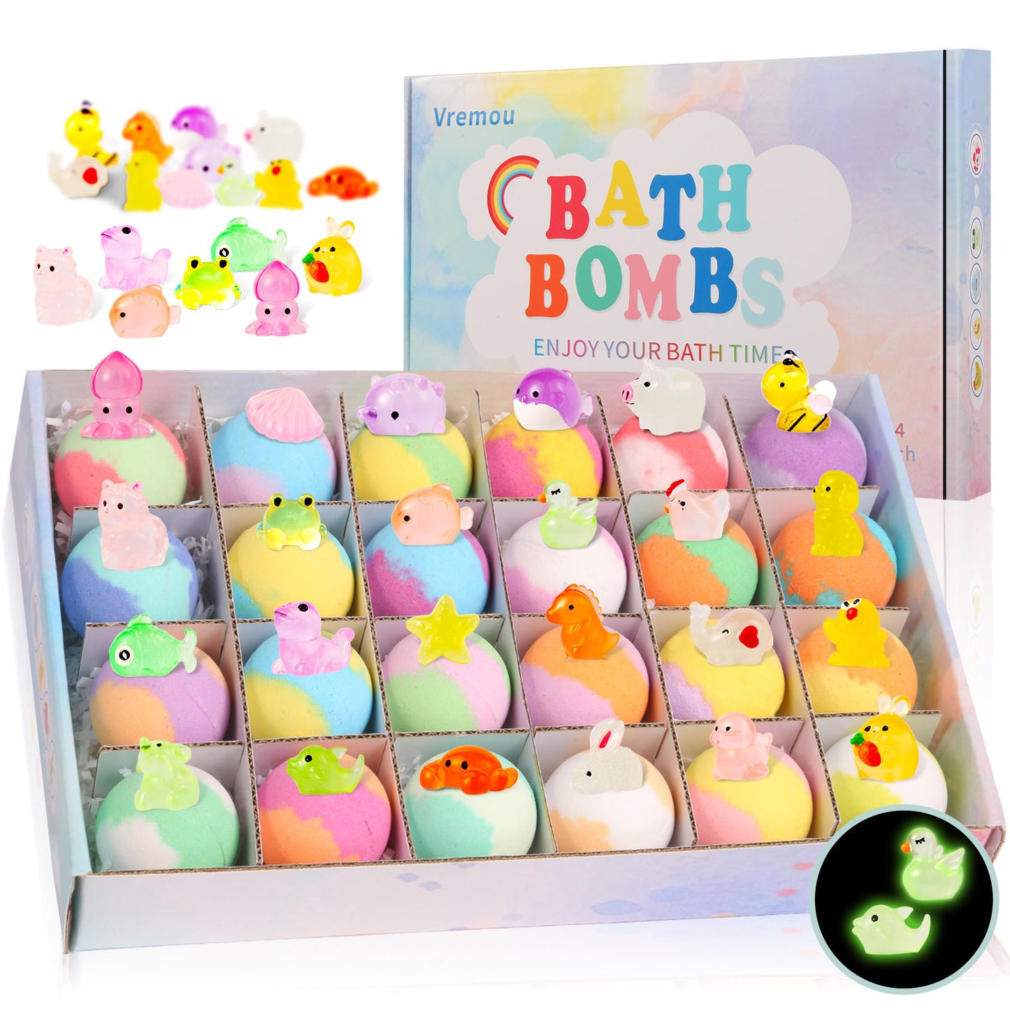 Box of colorful bath bombs featuring various animal shaped toys.