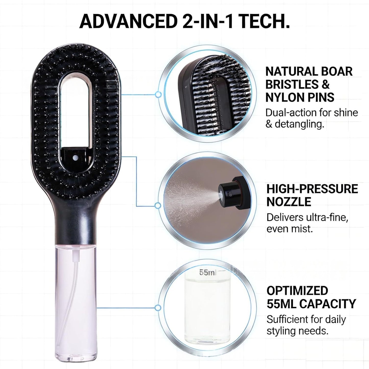 One-Click Spray Hair Brush Anti-Frizz Mist 2-in-1