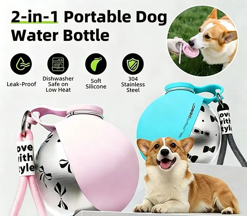 Portable Dog Water Bottle with Built-In Bowl