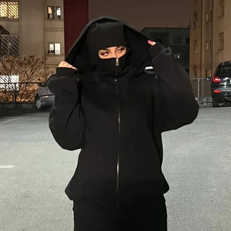 Balaclava Zip Hoodie with Built-In Face Mask - Black / S - Shehealth